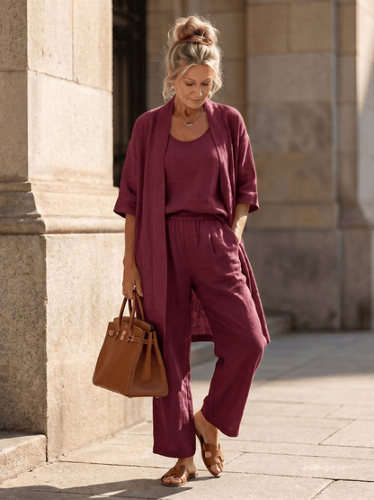 Linen Wide-Leg Pant and Duster Jacket Women's Two-Piece Co-Ord Set