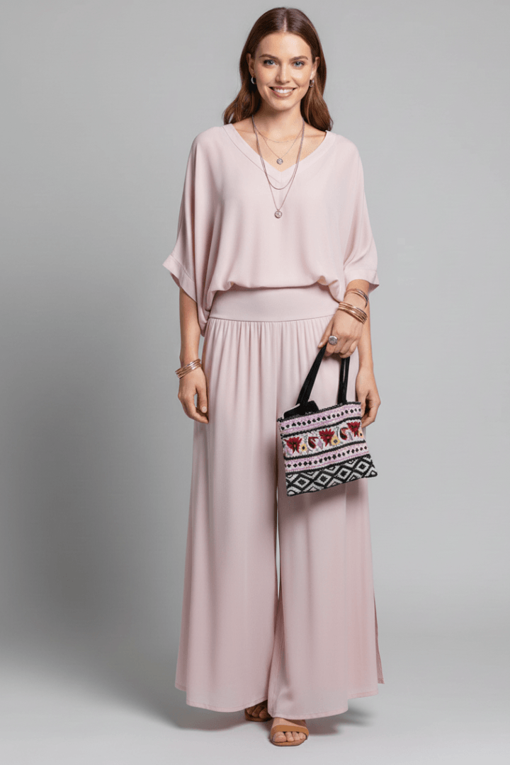 Women's Matching Two Piece Set with Dolman Sleeve Top and Wide-Leg Pants