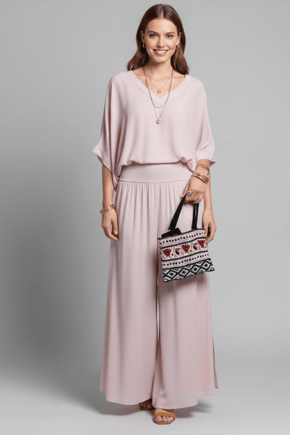 Women's Matching Two Piece Set with Dolman Sleeve Top and Wide-Leg Pants