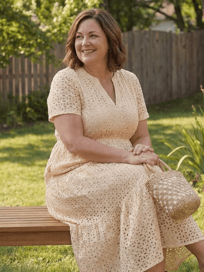 Women's Short-Sleeve Eyelet Midi Dress with Tiered Skirt and Split Neckline