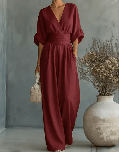 Linen V-Neck Wide-Leg Jumpsuit with Wrap Front and Short Sleeves