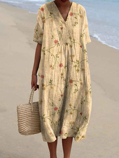 Eleanor Floral Embroidered V-Neck Cotton Blend Women's Midi Dress