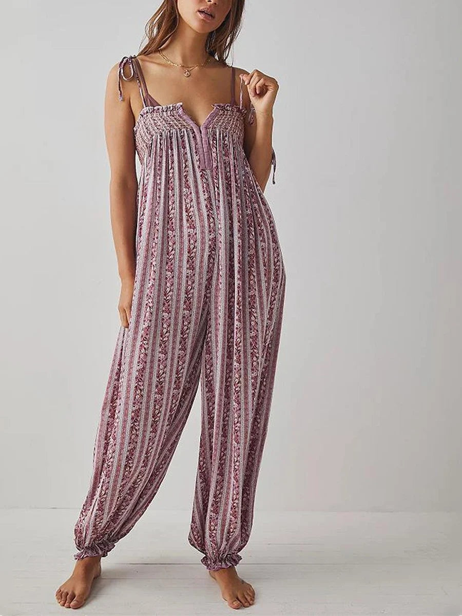 Women's Boho Harem Linen Jumpsuit with Tie-Shoulder Straps