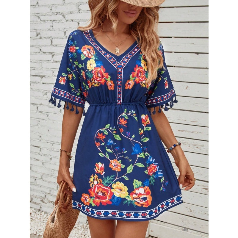 Isla Pemberton Boho Floral Tassel-Sleeve Women's Mini Dress