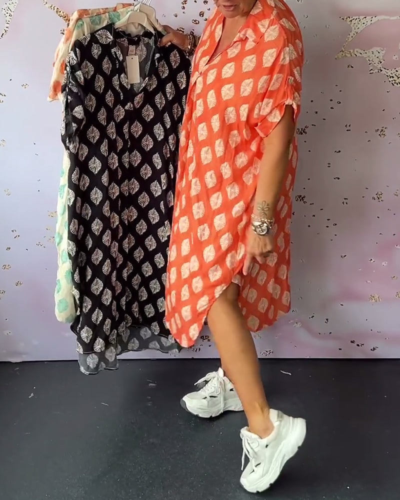 Eleanora Loose Printed Short-Sleeve Midi Shirt Dress with Lapel Collar