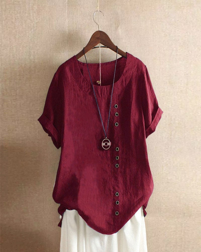 Halvorn Relaxed Linen Summer Top with Short Sleeves and Side Button Detail