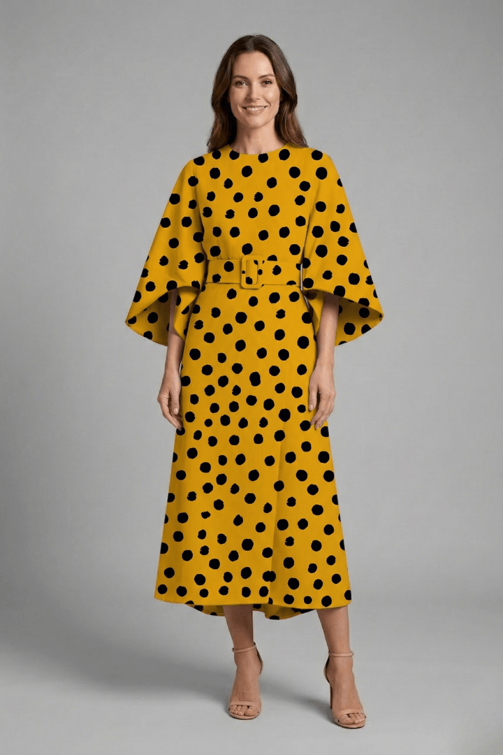 Floral Print Round Neck Women's Midi Dress with Wide Bell Sleeves