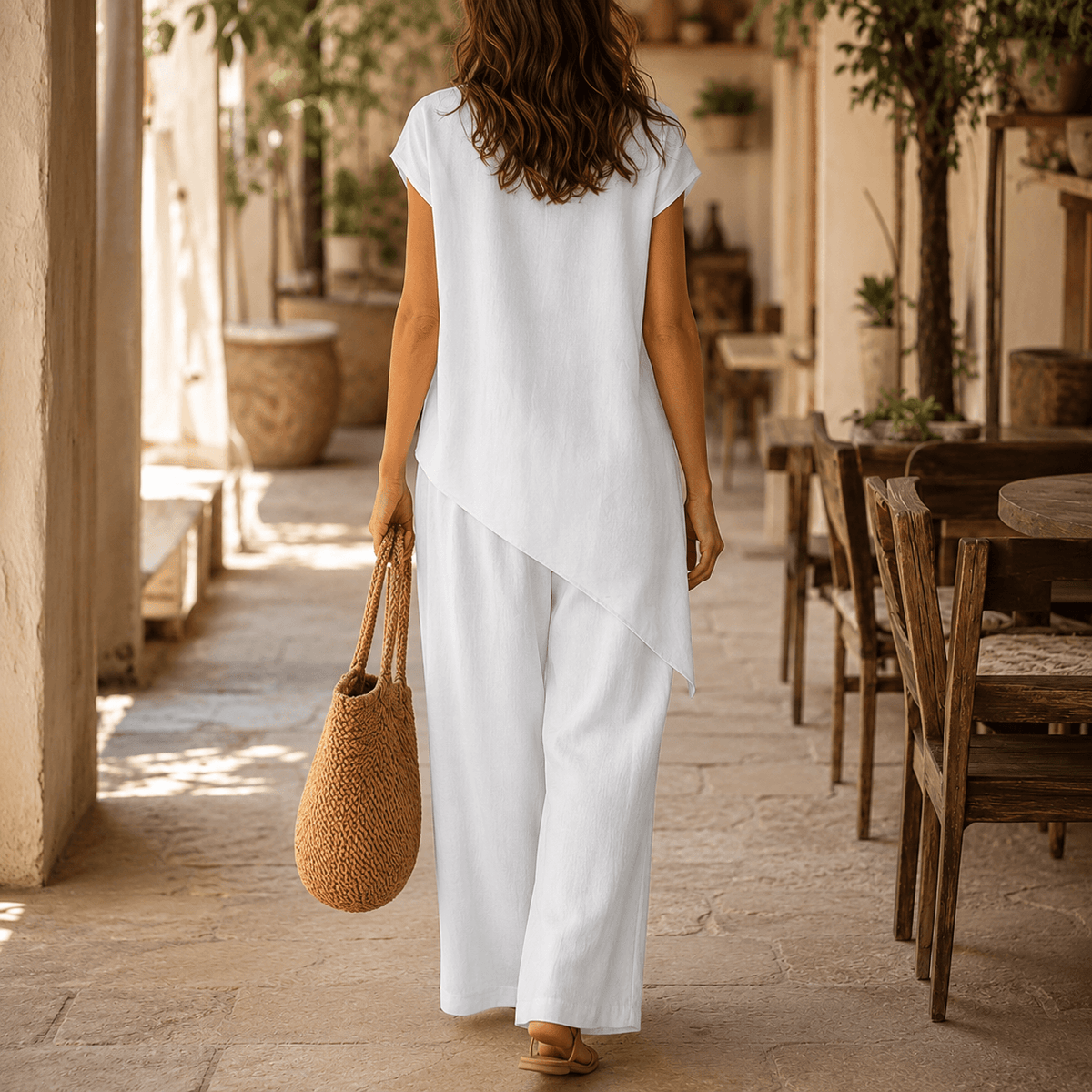 Two-Piece Matching Co-Ord Set with Asymmetric Button Top and Wide-Leg Pants