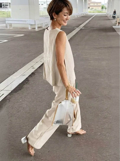 Sage Matching Linen Sleeveless Top and Wide-Leg Pants Two-Piece Set