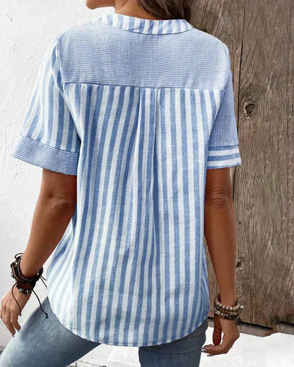 Women's Striped Button-Front Top with Short Sleeves