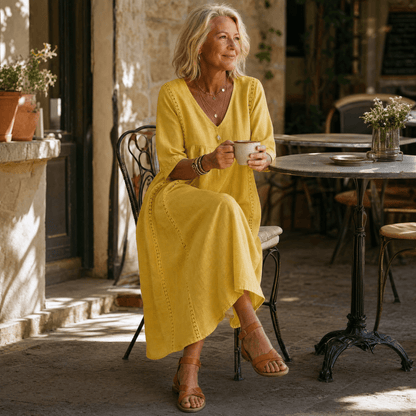 Women's Relaxed Linen-Cotton Summer Midi Dress with Lace Trim and Pockets