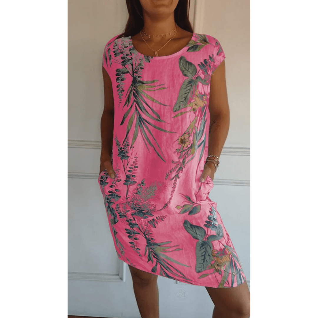 Women's Floral Print Round-Neck Midi Dress with Pockets