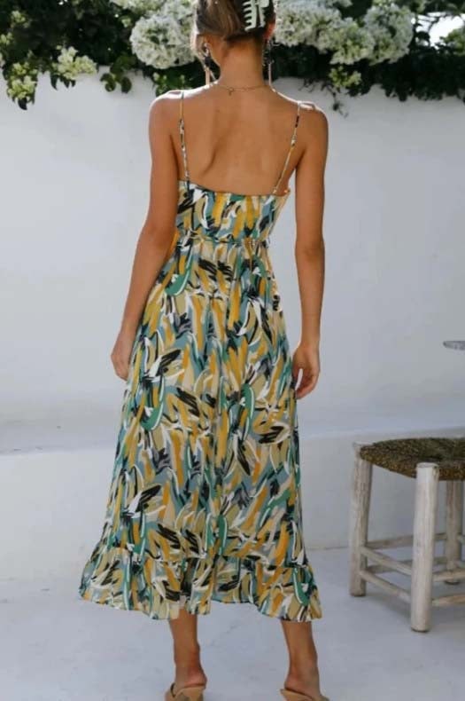 Sara Woven Midi Summer Dress with Abstract Floral Print and Tie Waist