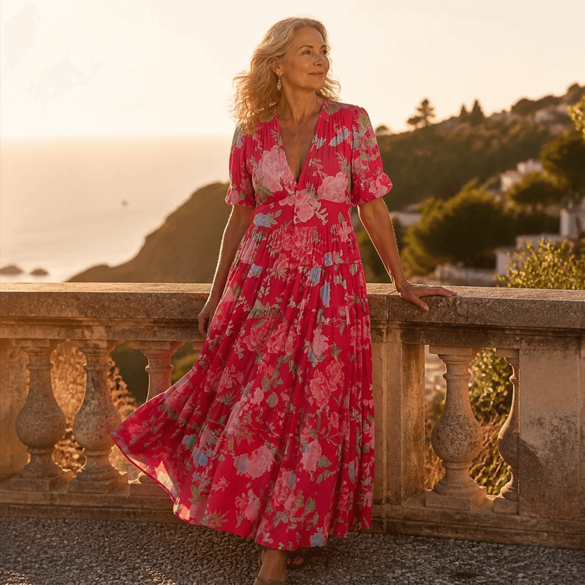 Minelda Floral Tiered V-Neck Women's Summer Maxi Dress with Flutter Sleeves and Belted Waist