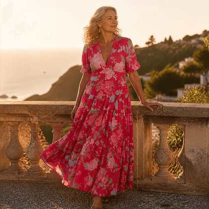Minelda Floral Tiered V-Neck Women's Summer Maxi Dress with Flutter Sleeves and Belted Waist