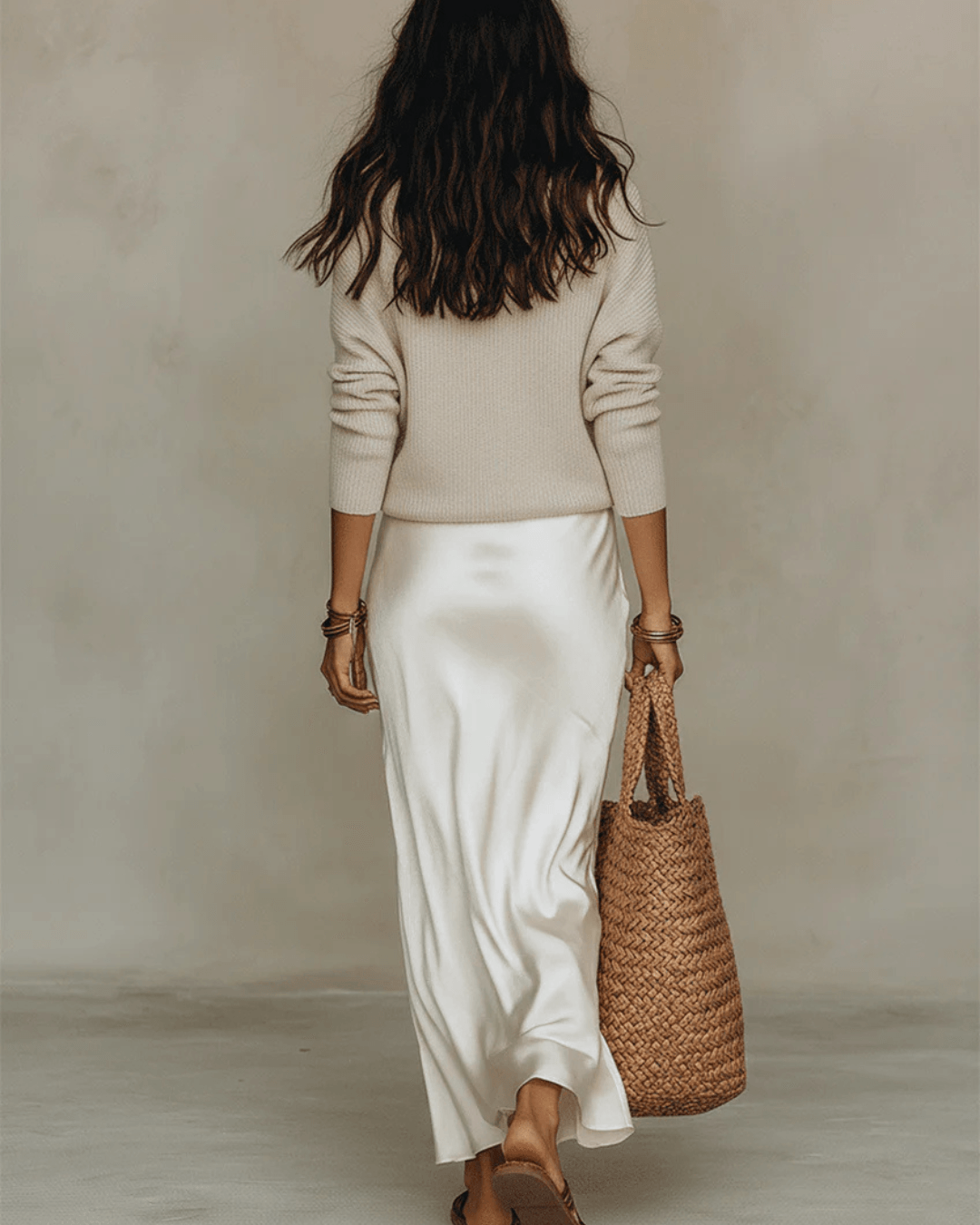 Satin Slip Midi Dress with Layered V-Neck Sweater Set