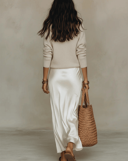 Satin Slip Midi Dress with Layered V-Neck Sweater Set