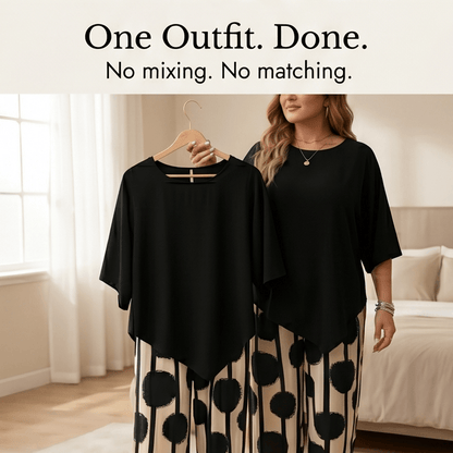 Women's Matching Two-Piece Set with Asymmetric Hem Top and Printed Wide-Leg Pants