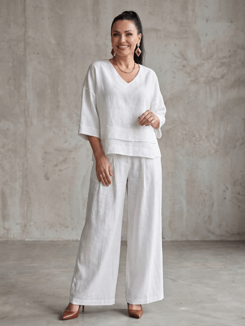 Matching Co-Ord Two-Piece Set with Layered V-Neck Top and Wide-Leg Pants