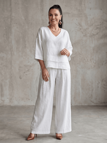 Matching Co-Ord Two-Piece Set with Layered V-Neck Top and Wide-Leg Pants