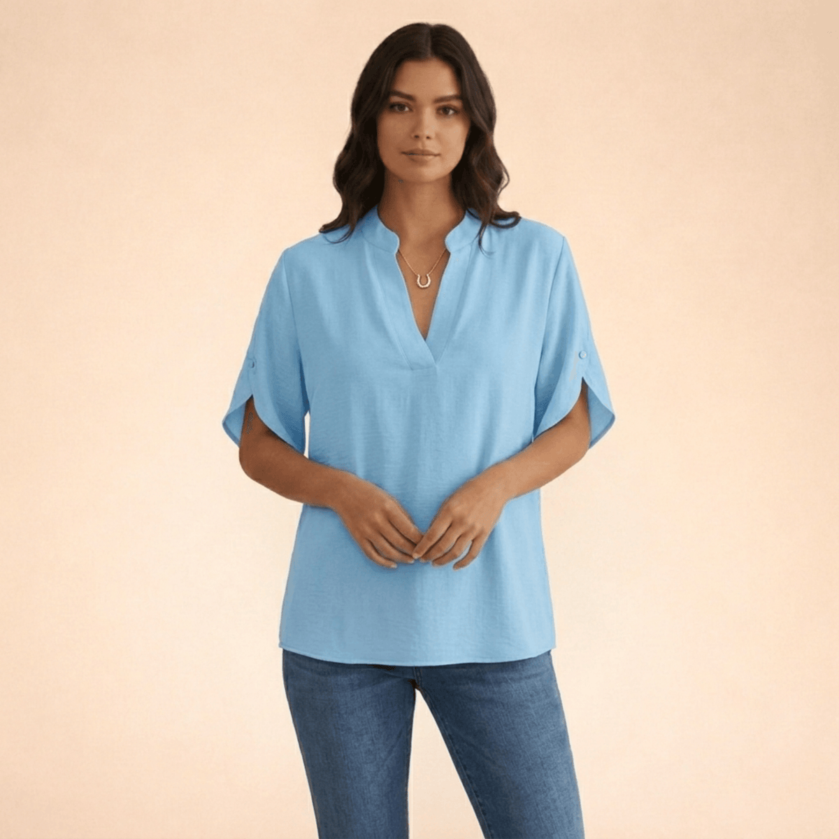 Women's V-Neck Split-Sleeve Top with Flowy Loose Fit