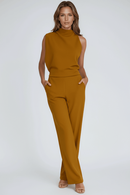 Sleeveless Mock Neck Wide-Leg Jumpsuit with Draped Top and Side Pockets