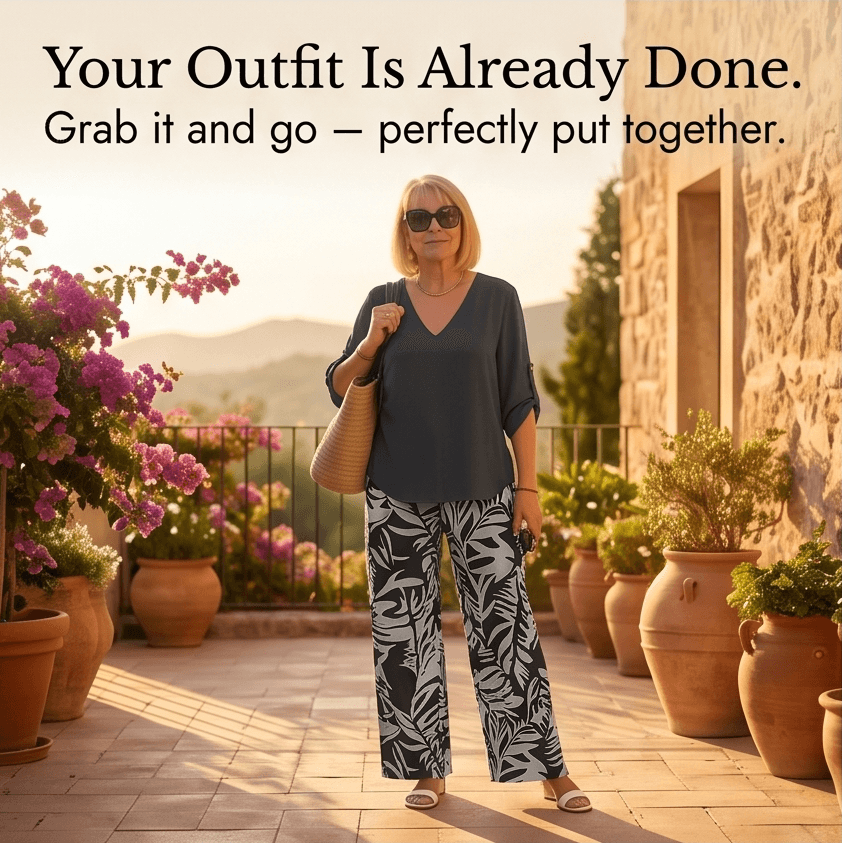 V-Neck Top and Leaf-Print Wide-Leg Two-Piece Set for Women