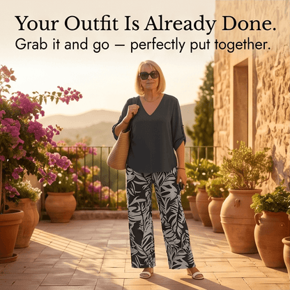 V-Neck Top and Leaf-Print Wide-Leg Two-Piece Set for Women