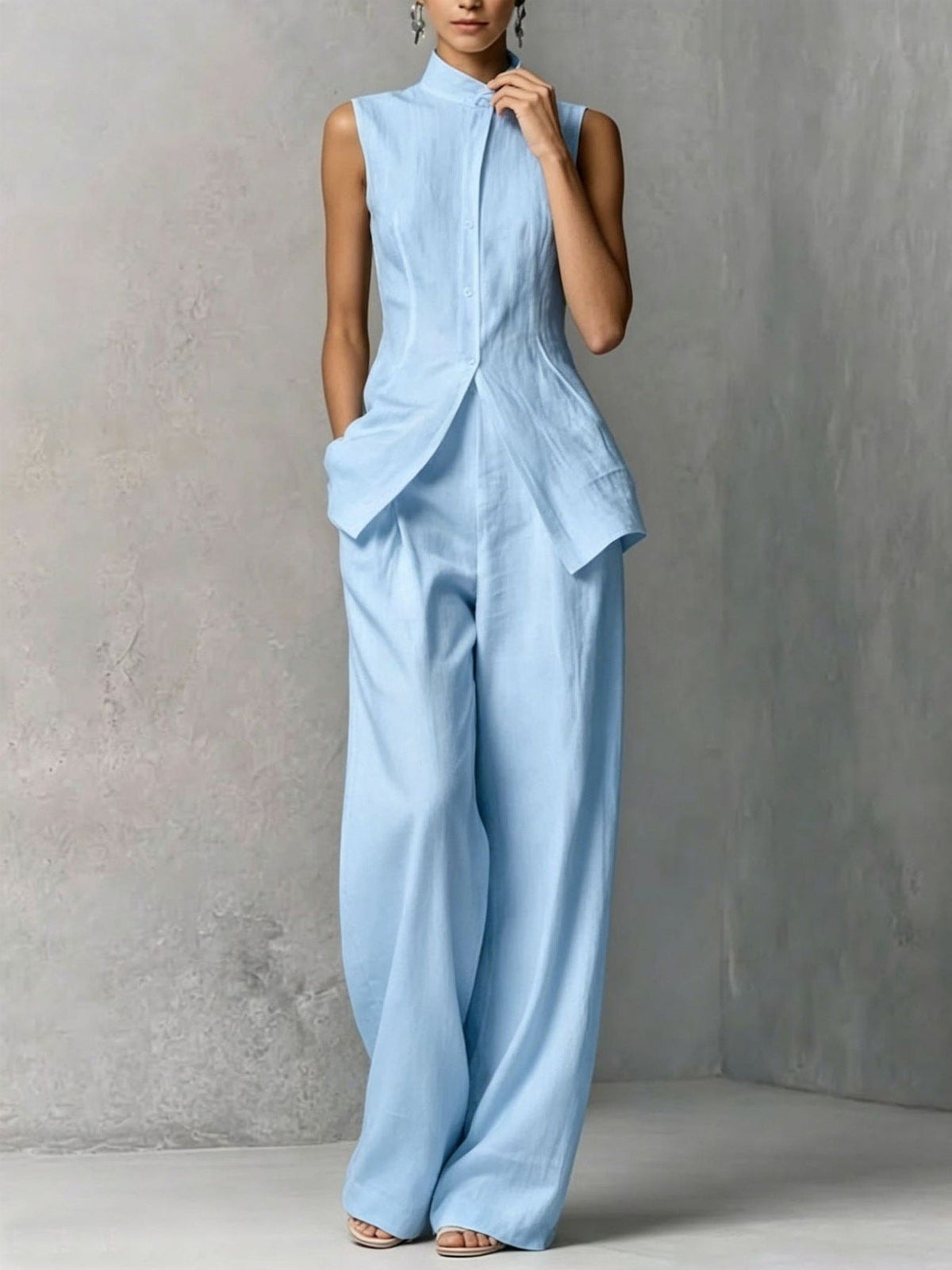 Sleeveless Stand Collar Wide-Leg Linen Jumpsuit with Side Pockets