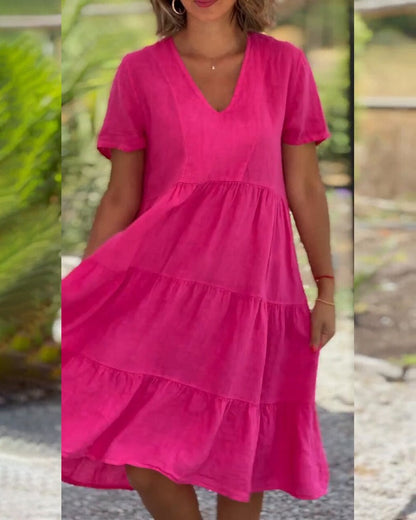 Elsie Tiered V-Neck Cotton Linen Summer Dress with Short Sleeves
