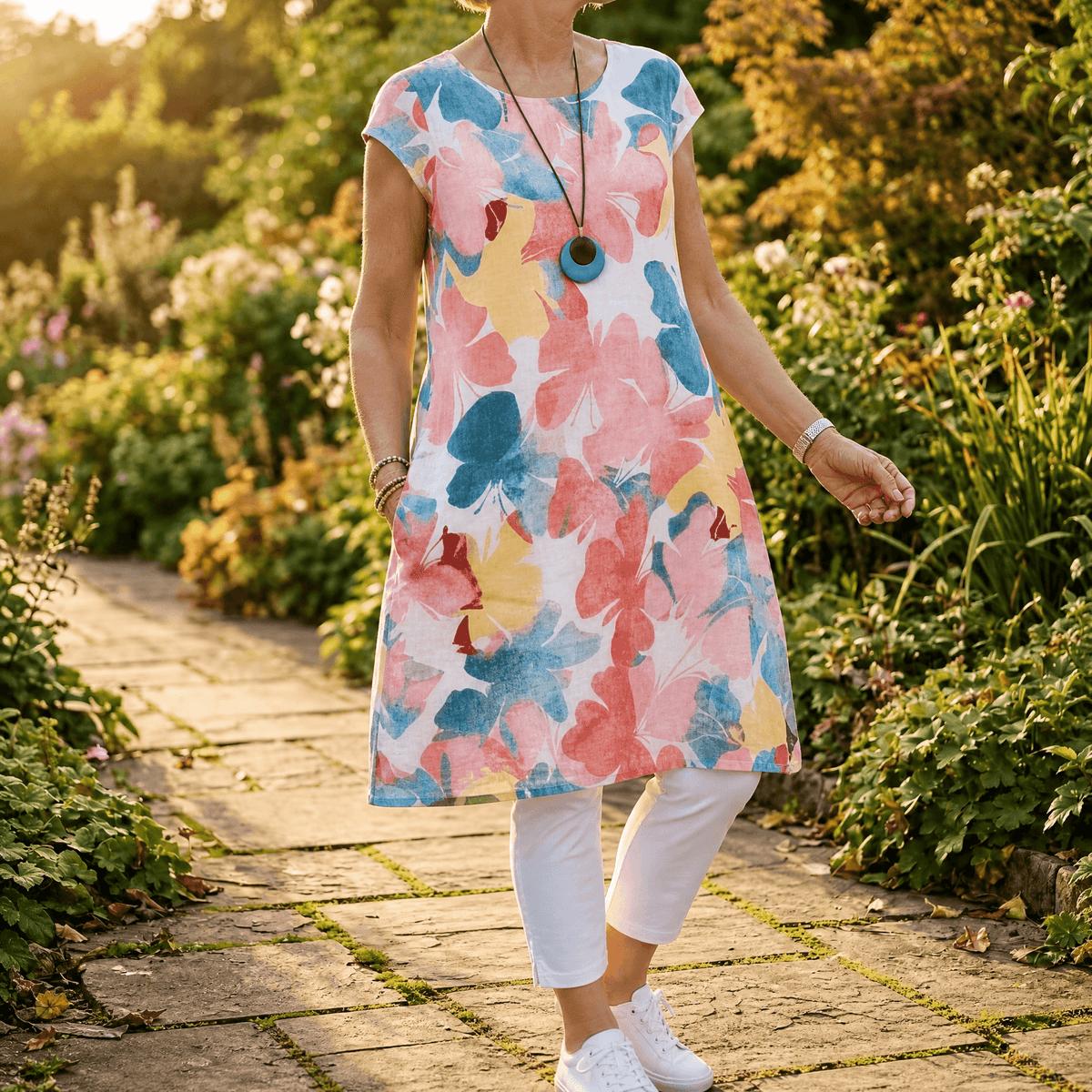 Florella Watercolor Floral Cap-Sleeve Polyester Women's Midi Dress