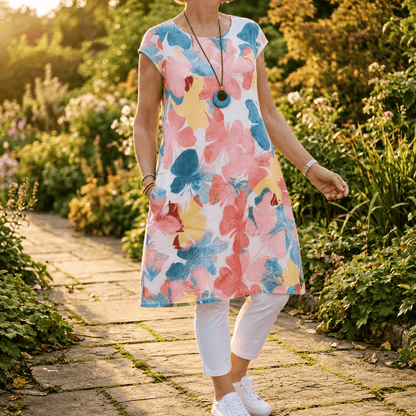 Florella Watercolor Floral Cap-Sleeve Polyester Women's Midi Dress