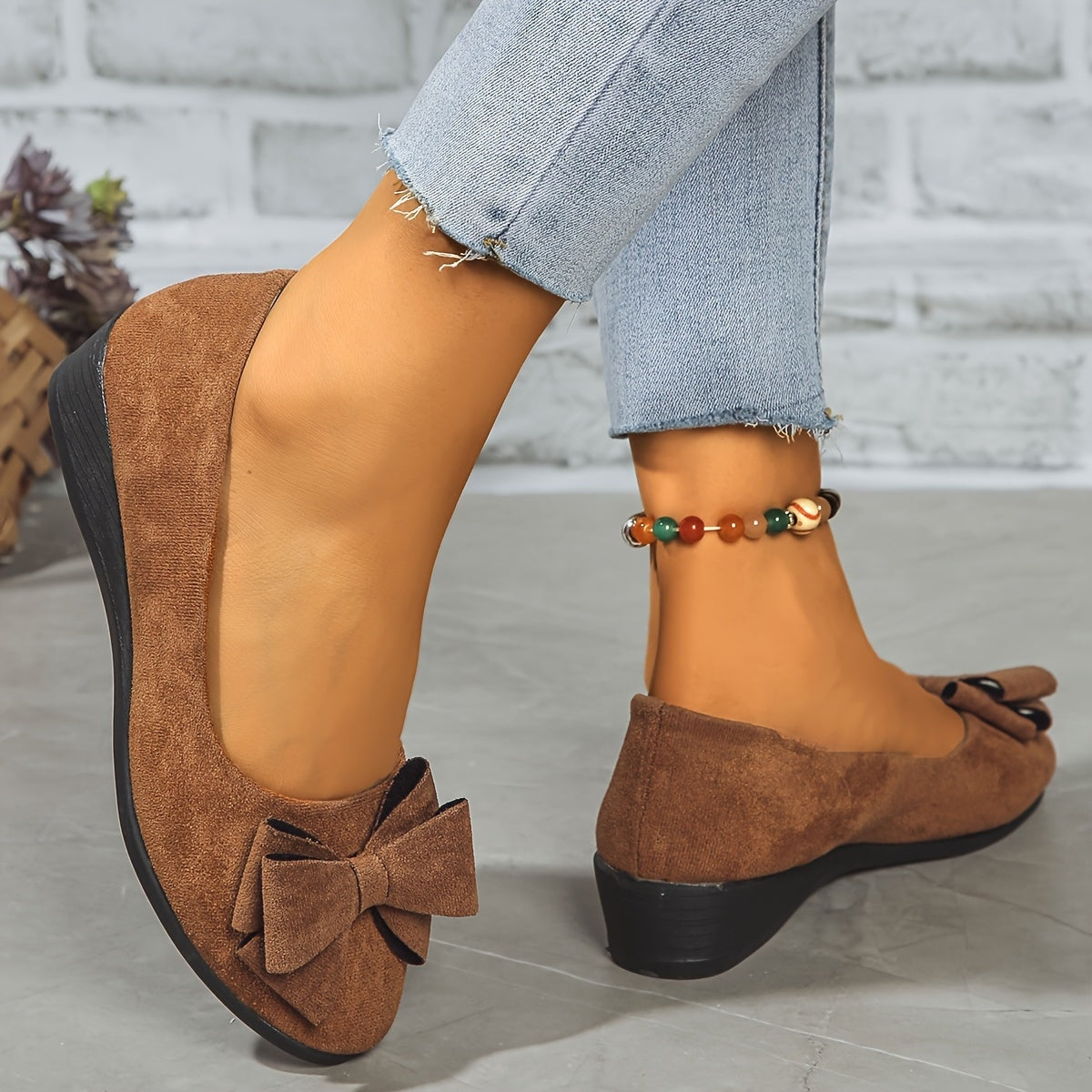 Maisie Faux Suede Slip-On Wedge Ballet Flats with Bow and Rounded Toe