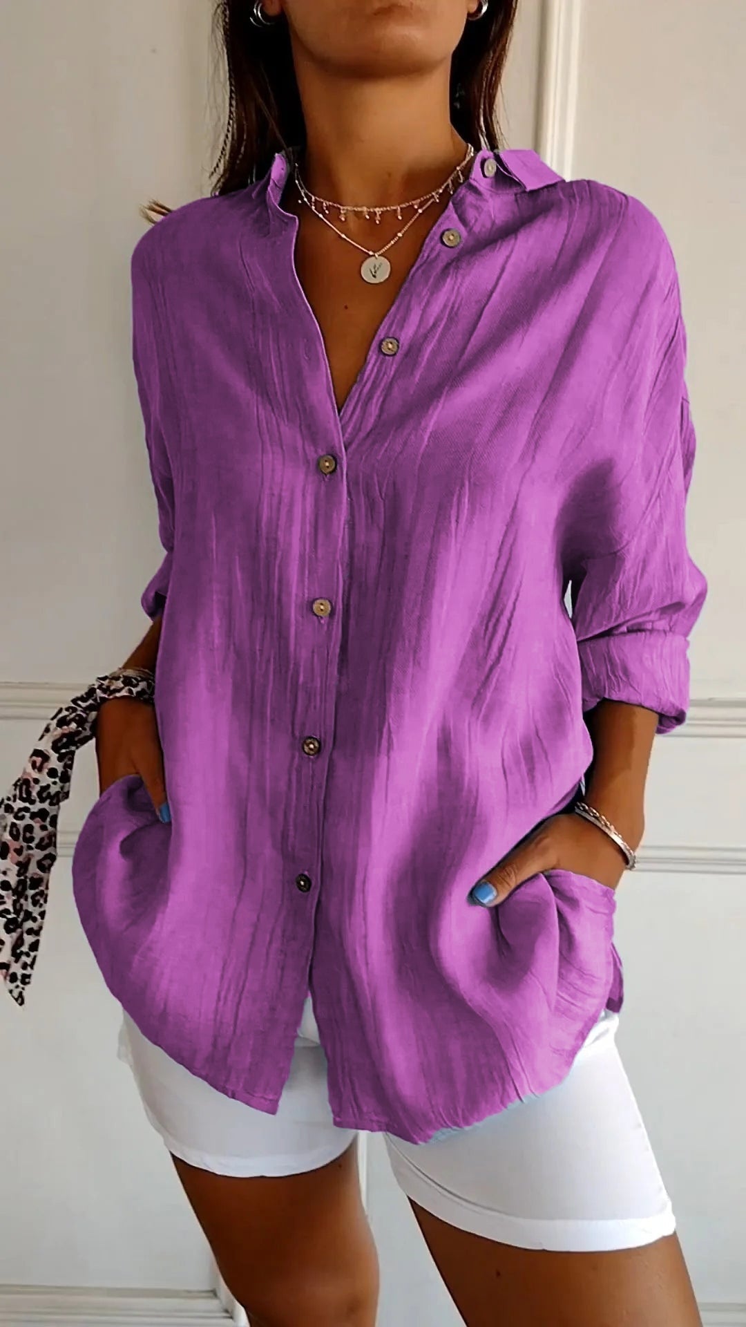 Sasha Pleated Cotton Blend Long-Sleeve Blouse for Women with Button-Up Front