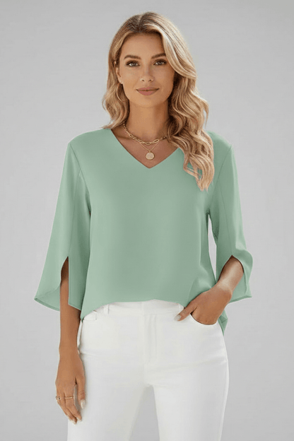 V-Neck Blouse with Three-Quarter Split Sleeves and Curved Hem