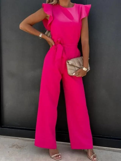 Women's Wide-Leg Linen Jumpsuit with Ruffle Sleeves and Belted Waist