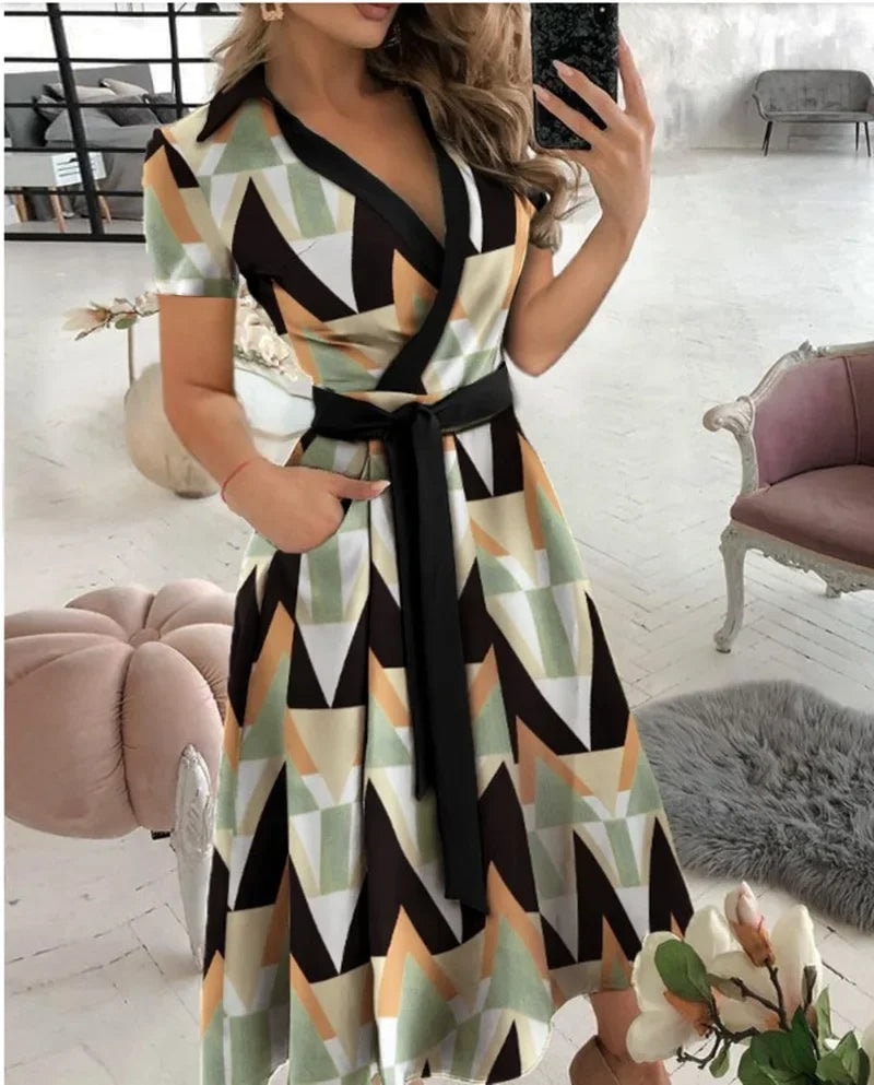 Judy Tie Waist Wrap Style A-Line Midi Dress for Women