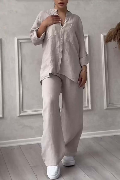 Fara Matching Cotton Linen Shirt and Wide-Leg Pants Two-Piece Co-Ord Set