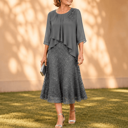 Elavine Layered Chiffon Lace Overlay Women's Midi Dress with Sheer Sleeves