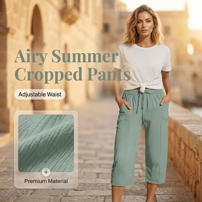 Women's Cotton Linen Cropped Wide-Leg Pants with Drawstring Waist