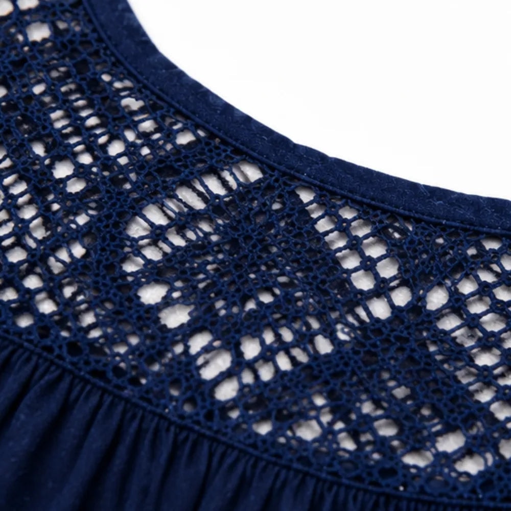Women's Sleeveless Lace-Yoke A-Line Sundress with Sunburst Print