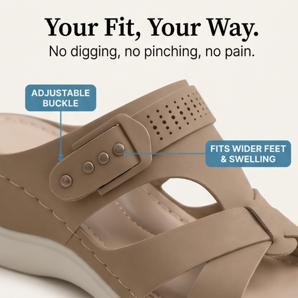 Arch-Support Wedge Slide Sandals with Adjustable Buckle Strap