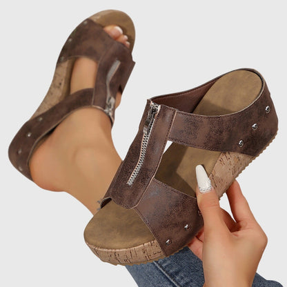 Jazlyn Orthopedic Open-Toe Wedge Sandals with Front Zip and Metal Stud Detail