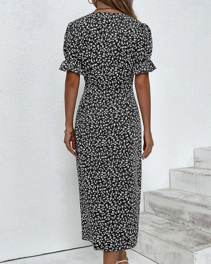 Martha Floral V-Neck Button Front Midi Dress for Women with Puff Sleeves