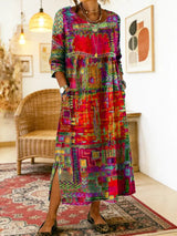 Manuela Ethnic Patchwork Three-Quarter Sleeve Cotton Blend Midi Dress for Women