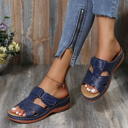 Aria Orthopedic Wedge Sandals with Cutout Crisscross Straps and Adjustable Closure