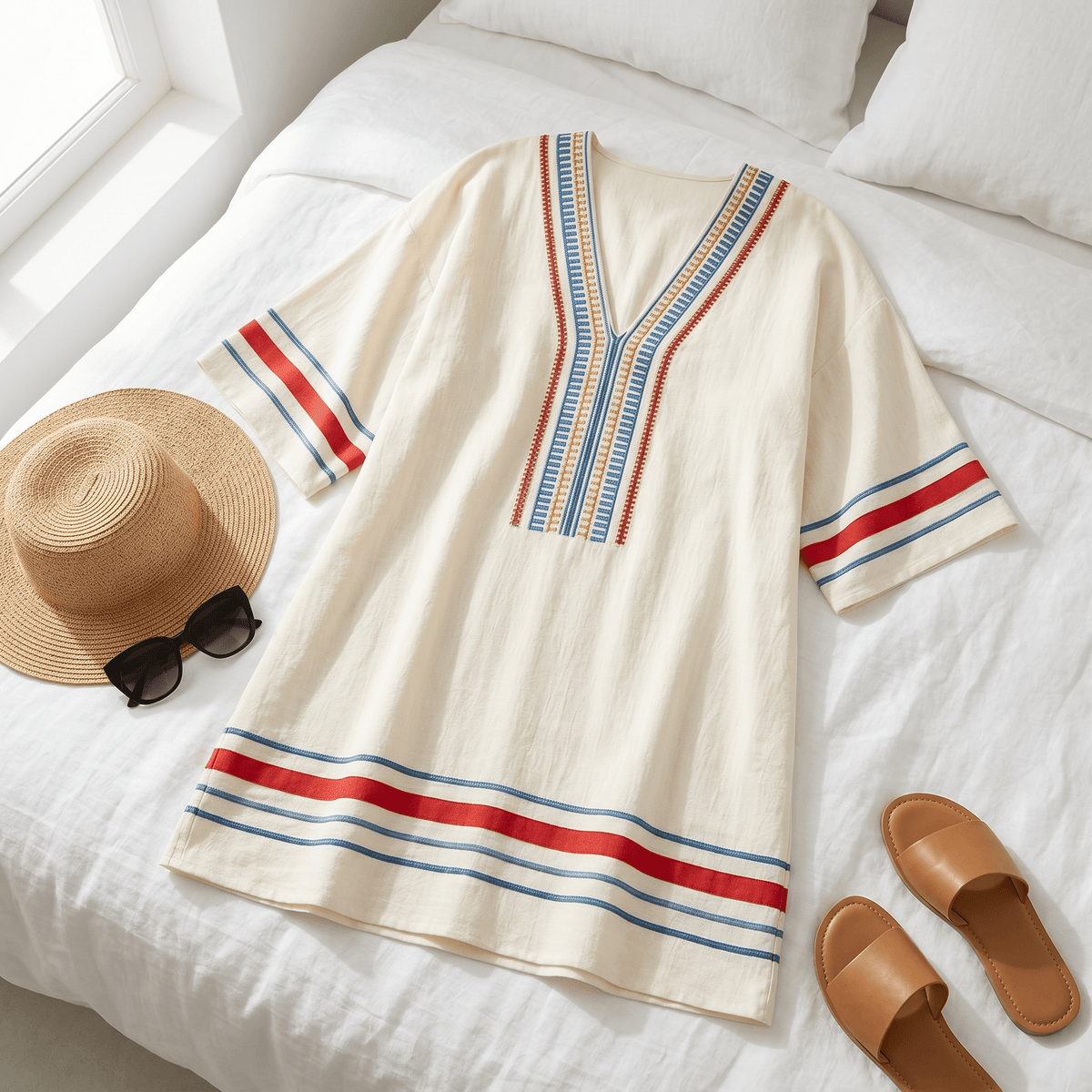 Embroidered Boho Kaftan Mini Dress for Women