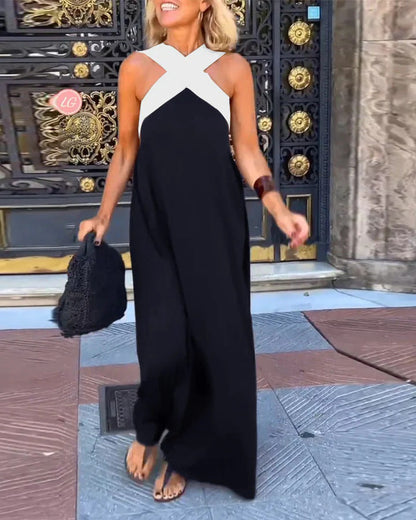 Sleeveless Crossover Halter Linen Summer Maxi Dress with Flowing Skirt