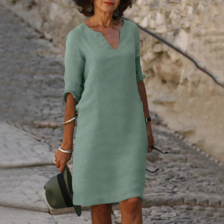 Women's V-Neck Half-Sleeve Polyester Midi Dress