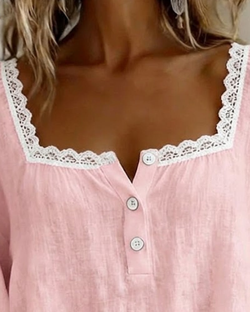 Women's Cotton Linen Long Sleeve Blouse with Square Neckline and Lace Trim